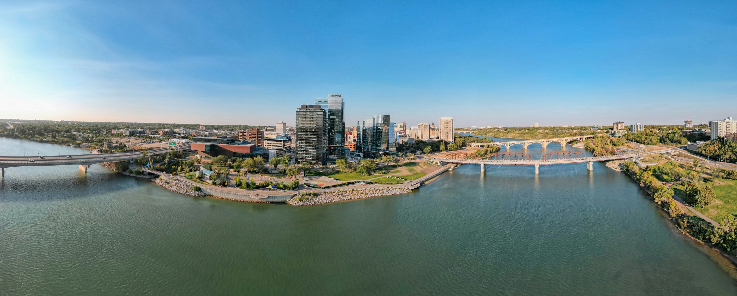 Saskatoon skyline and bridges over the South Saskatchewan River