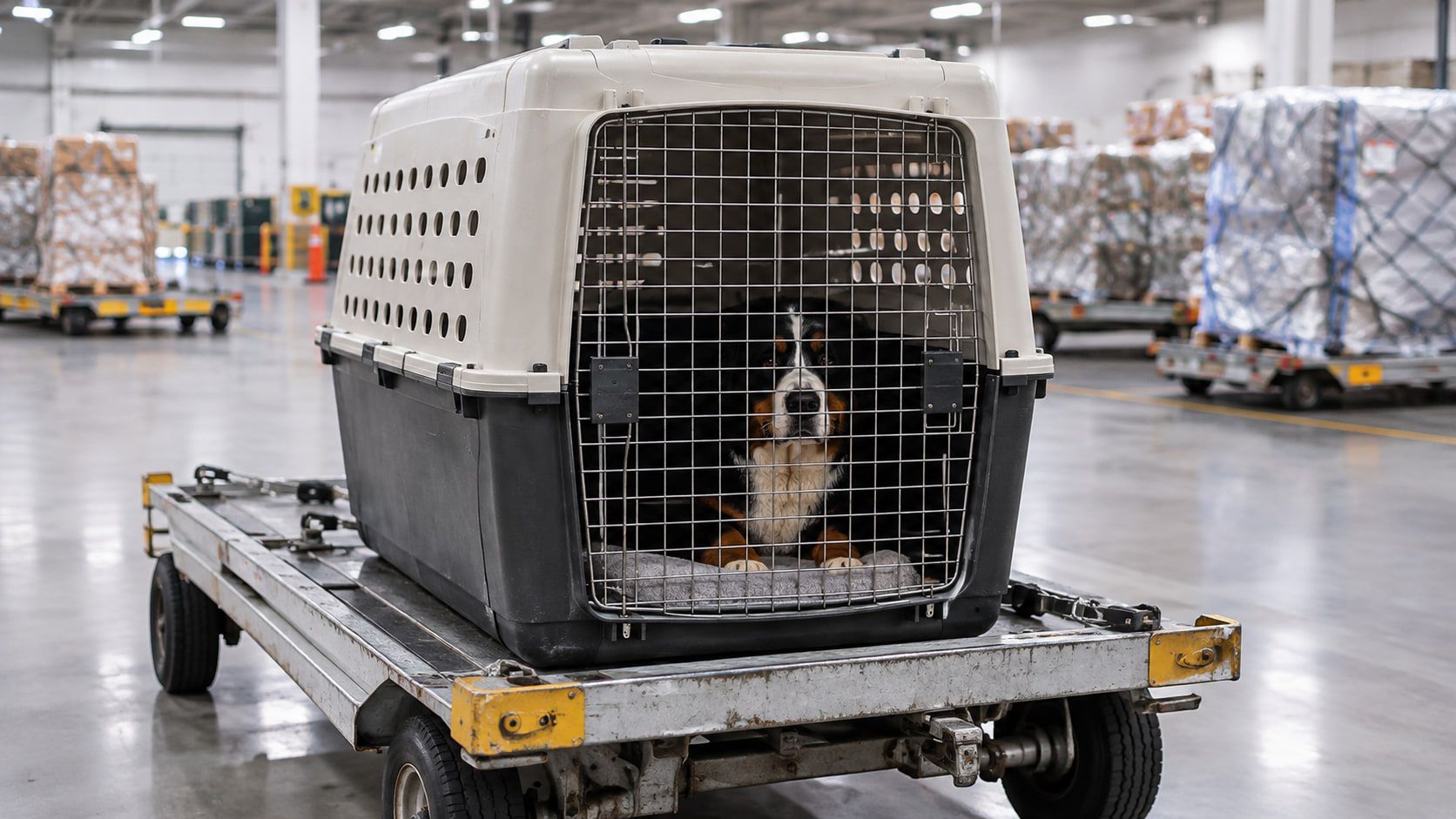 A Bernese mountain dog lying in a giant airline crate on a cart in an airport cargo warehouse