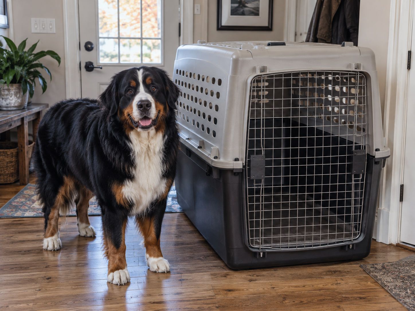 A Bernese mountain dog standing next to an extra large hard plastic airline crate at home