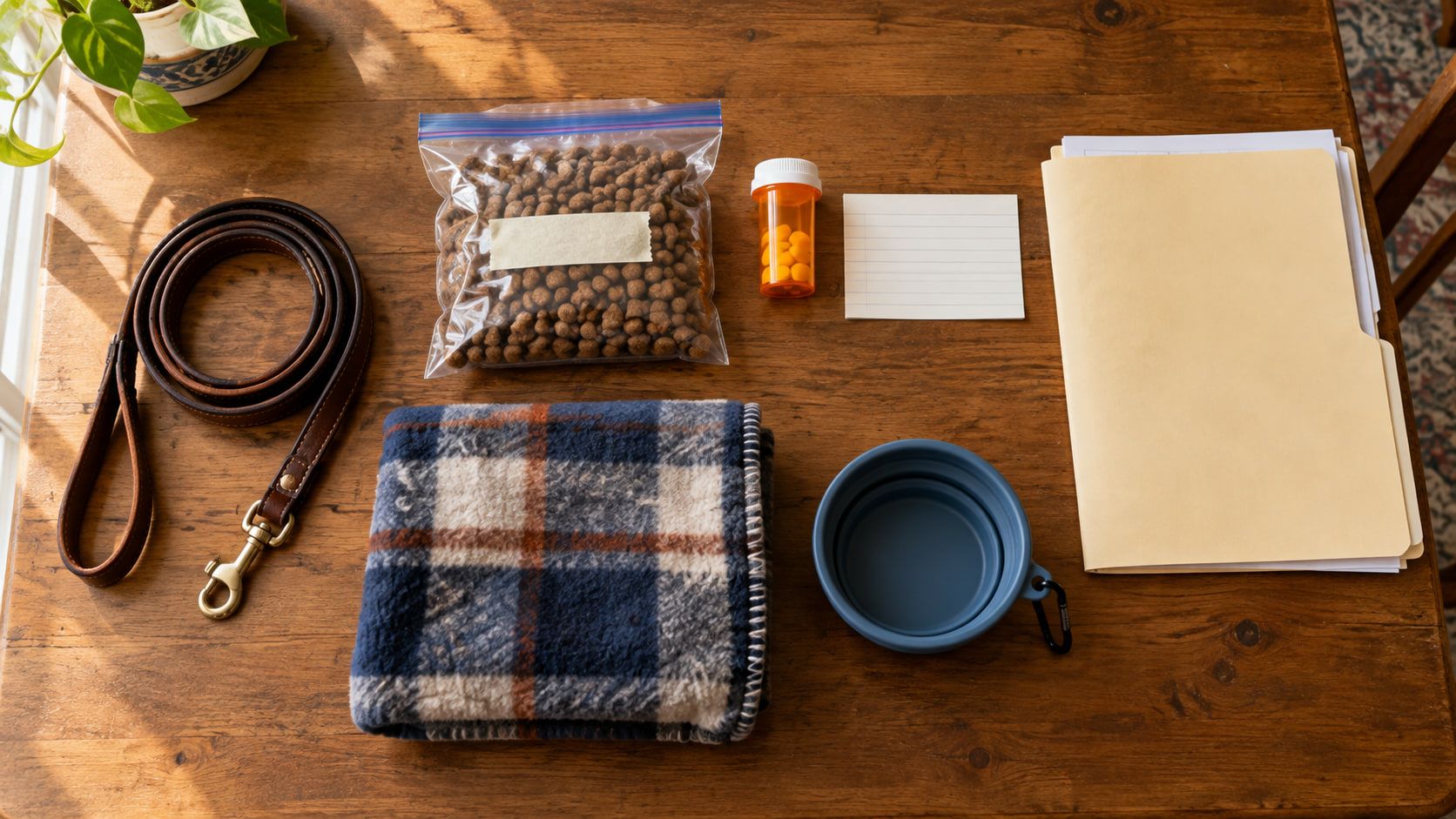 A leash, the pet's own food, medicine with a dosing note, vet records, a blanket and a travel bowl ready for a road move