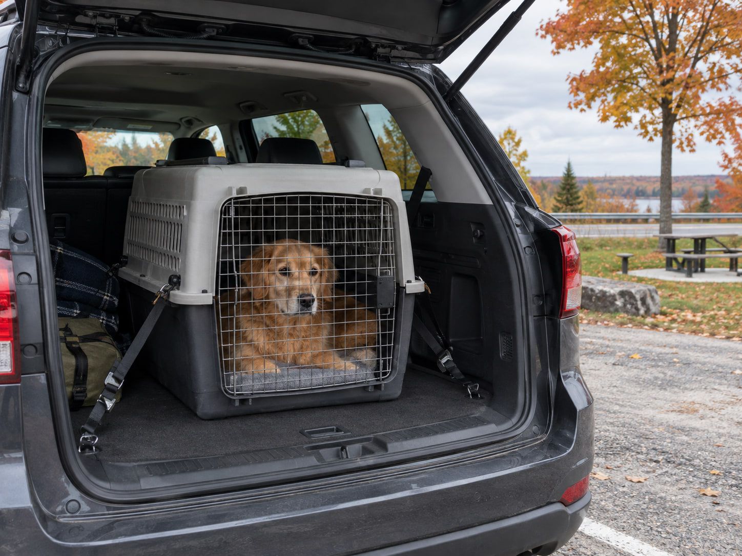 A golden retriever resting in a strapped-down travel crate in the back of an SUV at an autumn rest stop