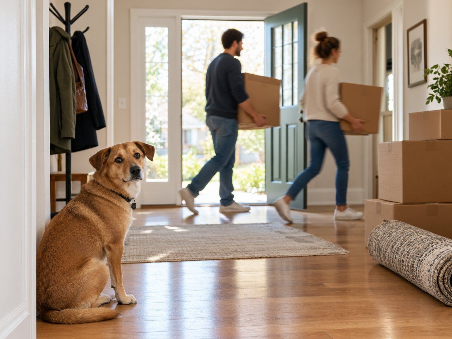 A family moving boxes with their dog nearby
